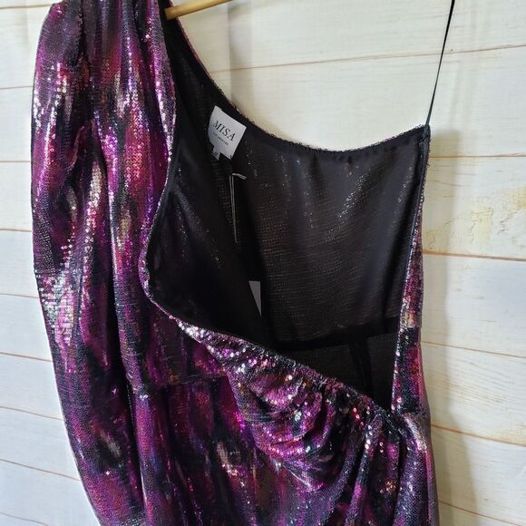 Misa Nova One Shoulder Long Sleeve Sequin Mini Dress Party New Year Lined Medium - Picture 8 of 11